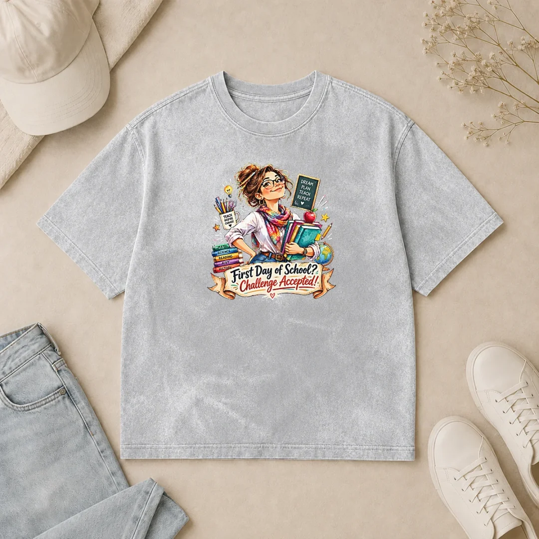 Hot Good Humorous Watercolor First Day Of School Teacher For Woman Washed T Shirt Hot Good Humorous Watercolor First Day Of School Teacher For Woman washed t shirt in light fabric with colorful design