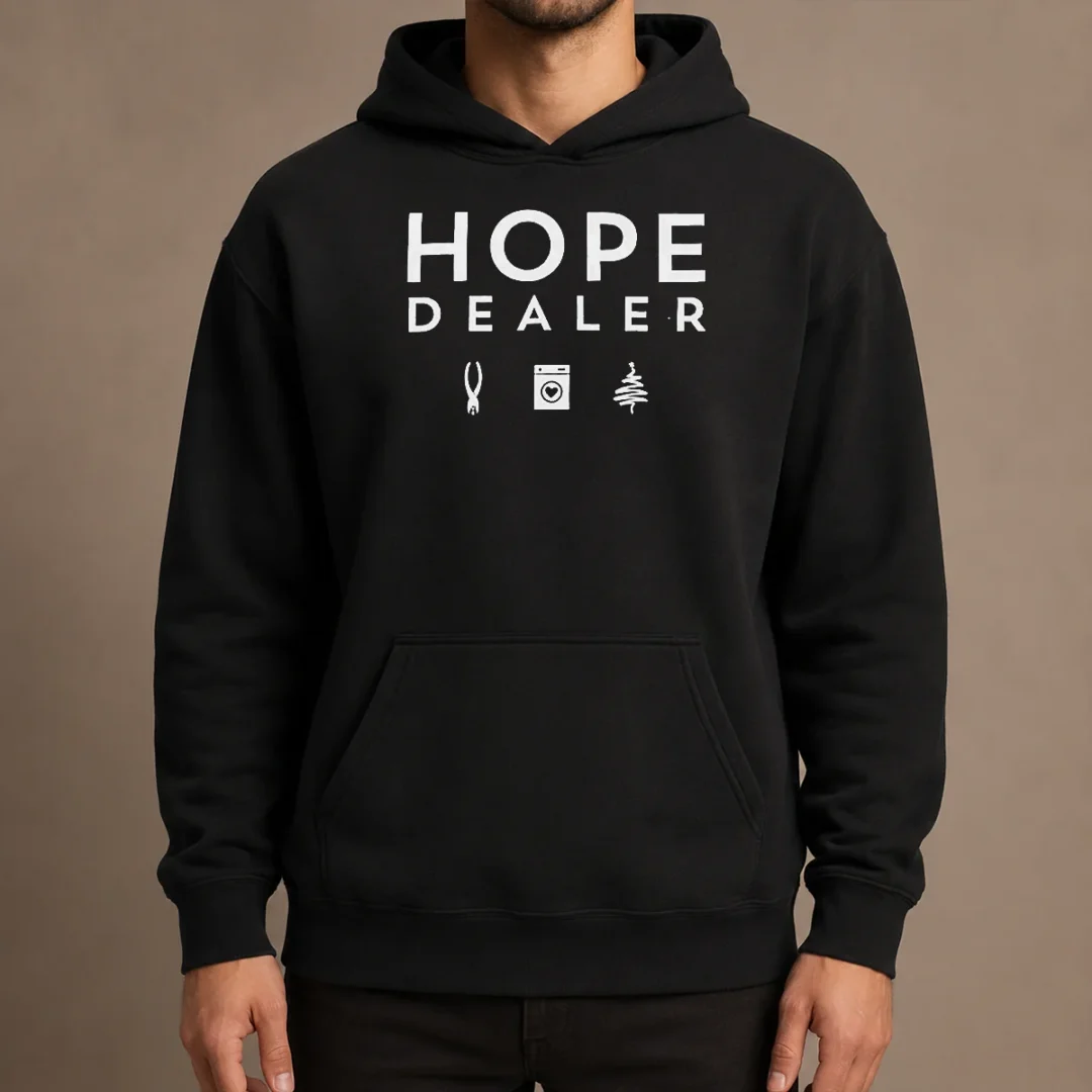 hot-hope-dealer-with-pliers-laundry-machine-and-christmas-tree-icons-hoodie Hot Hope Dealer With Pliers Laundry Machine And Christmas Tree Icons Hoodie in charcoal gray, front view with drawstring hood and kangaroo pocket