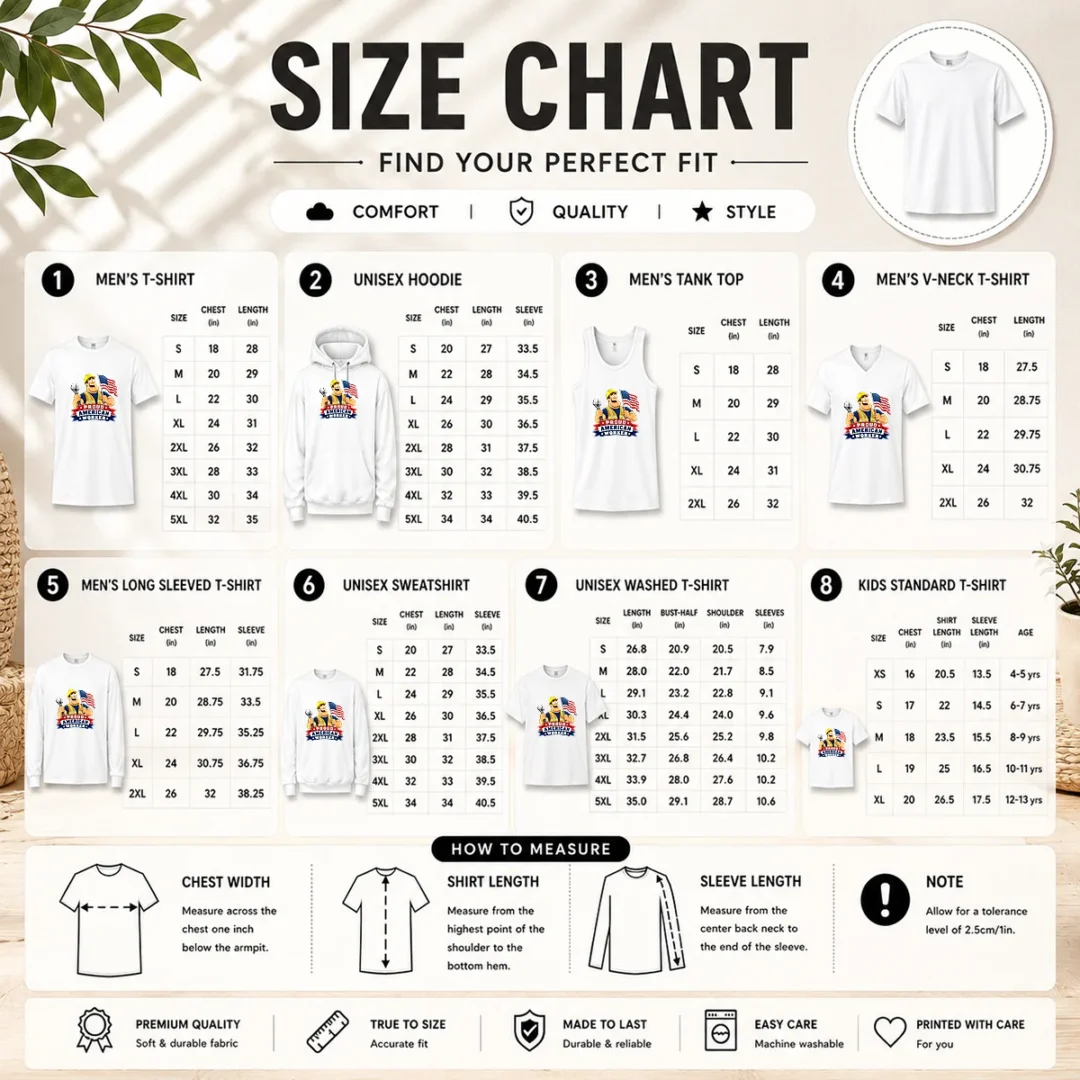 hot-labour-day-patriotic-worker-cartoon-size-chart Size chart for Hot Labour Day Patriotic Worker Cartoon with measurements in inches and cm to help choose the right fit