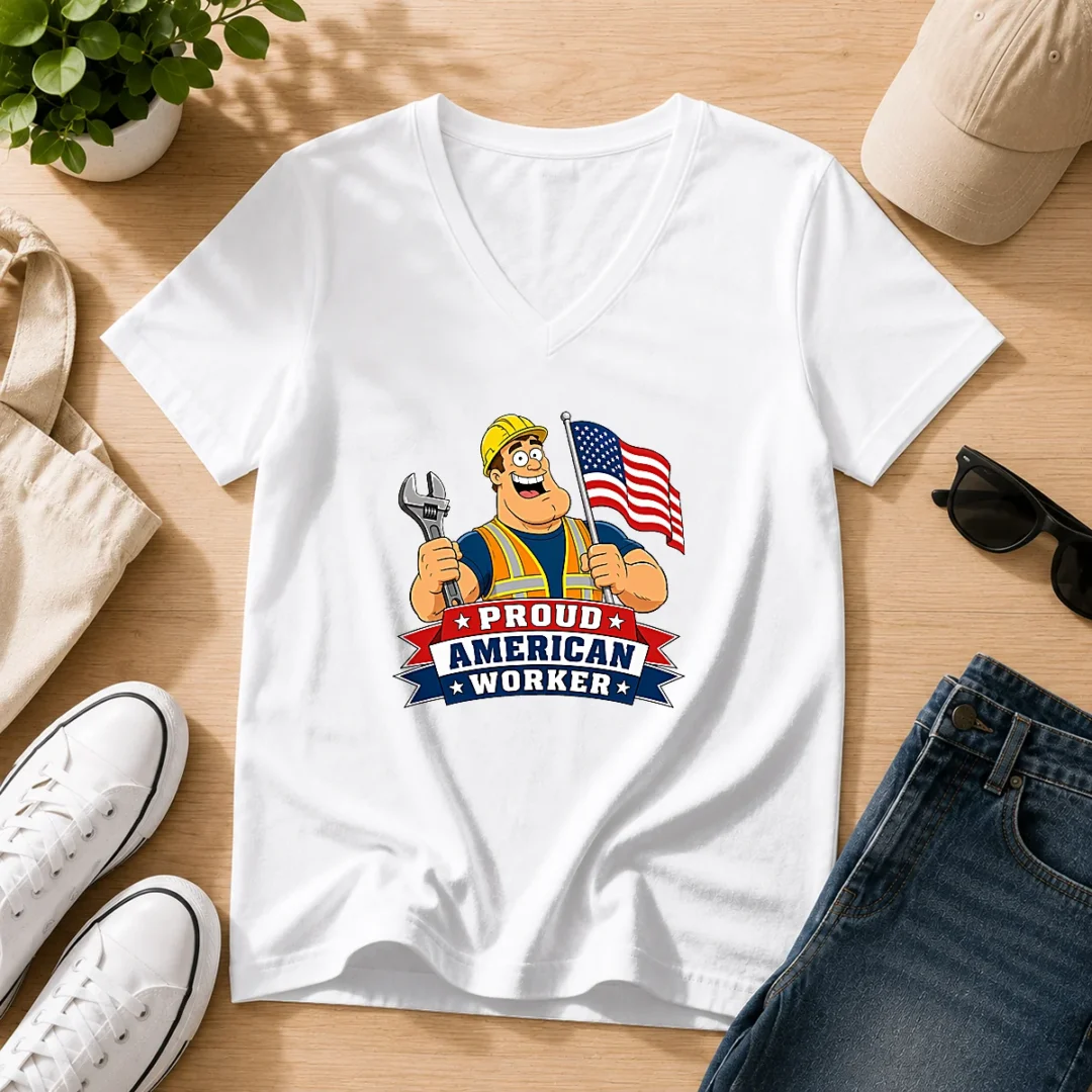 hot-labour-day-patriotic-worker-cartoon-v-neck-shirt Hot Labour Day Patriotic Worker Cartoon V-Neck Shirt