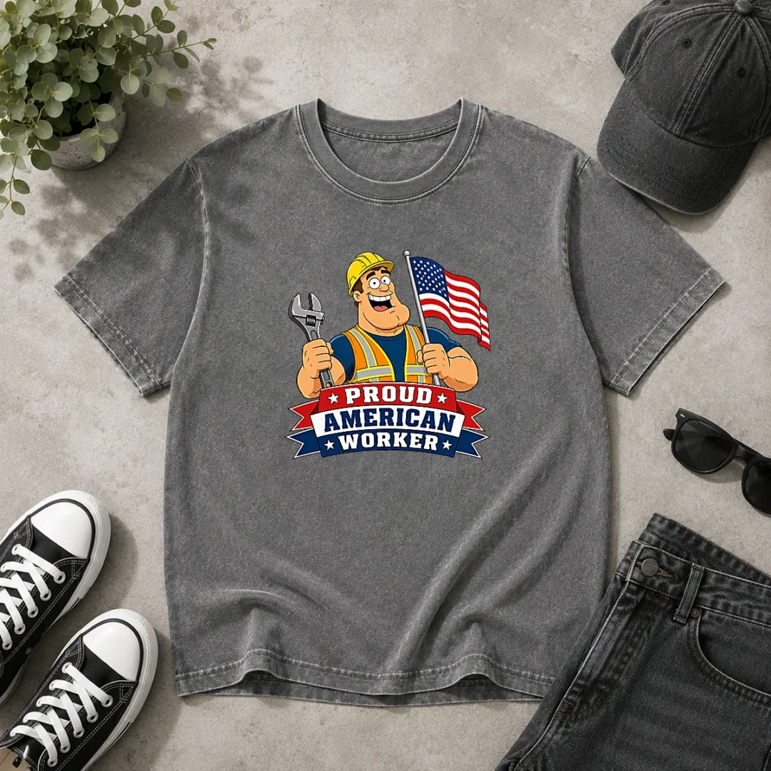 hot-labour-day-patriotic-worker-cartoon-washed-t-shirt Hot Labour Day Patriotic Worker Cartoon Washed T-Shirt