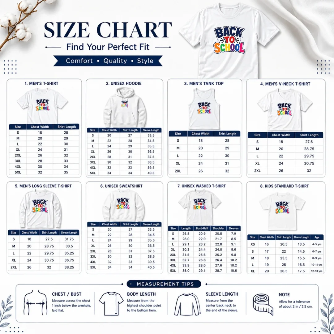 hot-nice-retro-distressed-back-to-school-typography-size-chart Size chart for Hot Nice Retro Distressed Back To School Typography with measurements in inches and cm to help choose the right fit