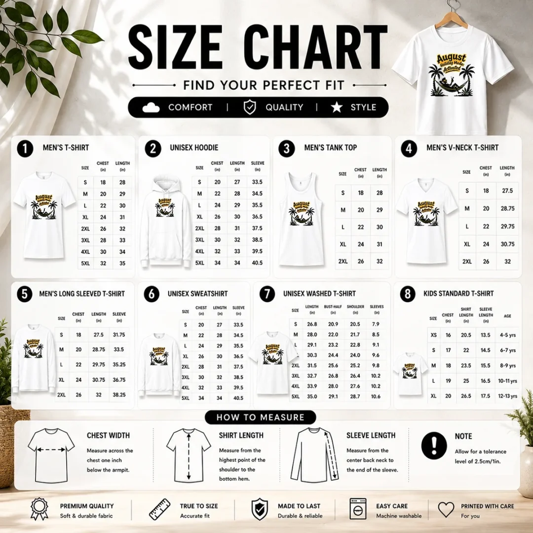 hot-official-august-holiday-silhouette-for-proud-summer-relaxers-size-chart Size chart for Hot Official August Holiday Silhouette For Proud Summer Relaxers with measurements in inches and cm to help choose the right fit