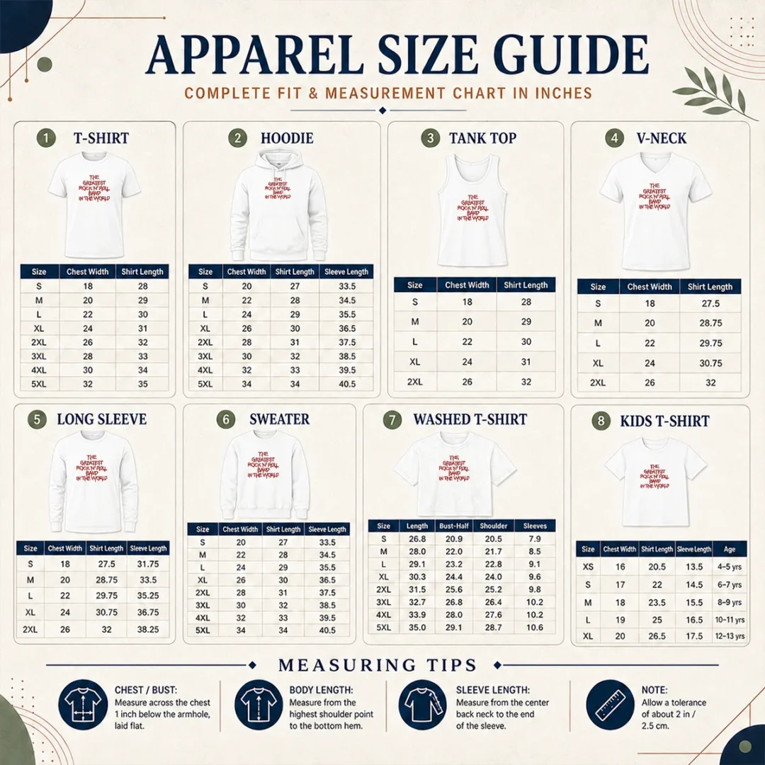 Hot Official The Greatest Rock 'N' Roll Band In The World Size Chart Size chart for Hot Official The Greatest Rock 'N' Roll Band In The World with measurements in inches and cm to help choose the right fit