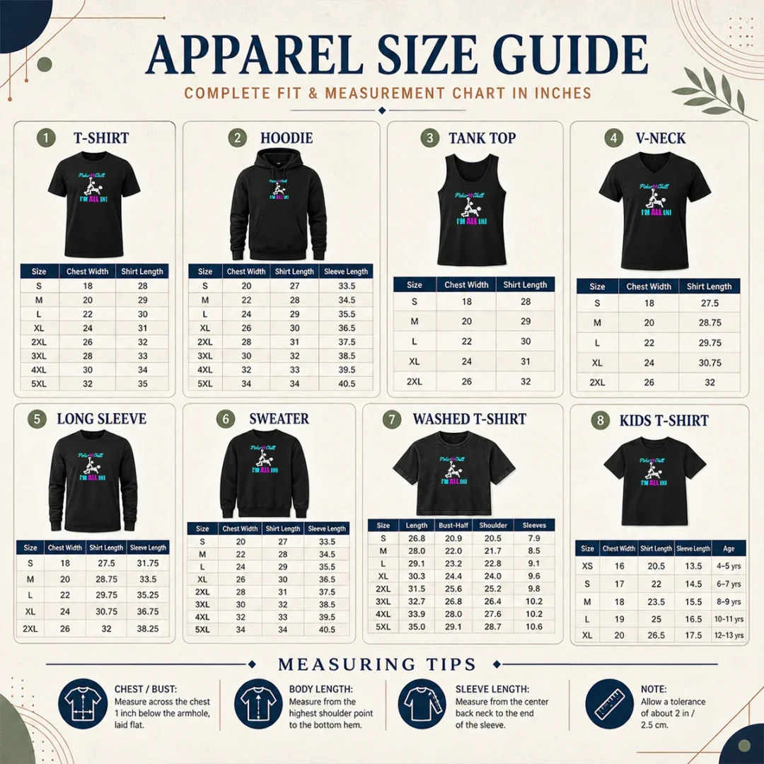 Hot Original Poker N Chill I Am All In Couple Playing Cards Humor Size Chart Size chart for Hot Original Poker N Chill I Am All In Couple Playing Cards Humor with measurements in inches and cm to help choose the right fit