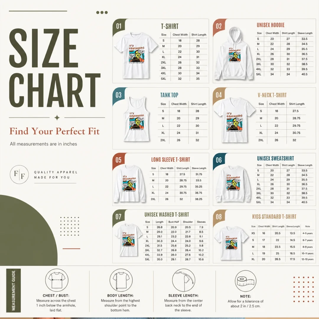hot-phil-connors-groundhog-day-it-is-groundhog-day-what-day-is-this-size-chart Size chart for Hot Phil Connors Groundhog Day It Is Groundhog Day What Day Is This with measurements in inches and cm to help choose the right fit