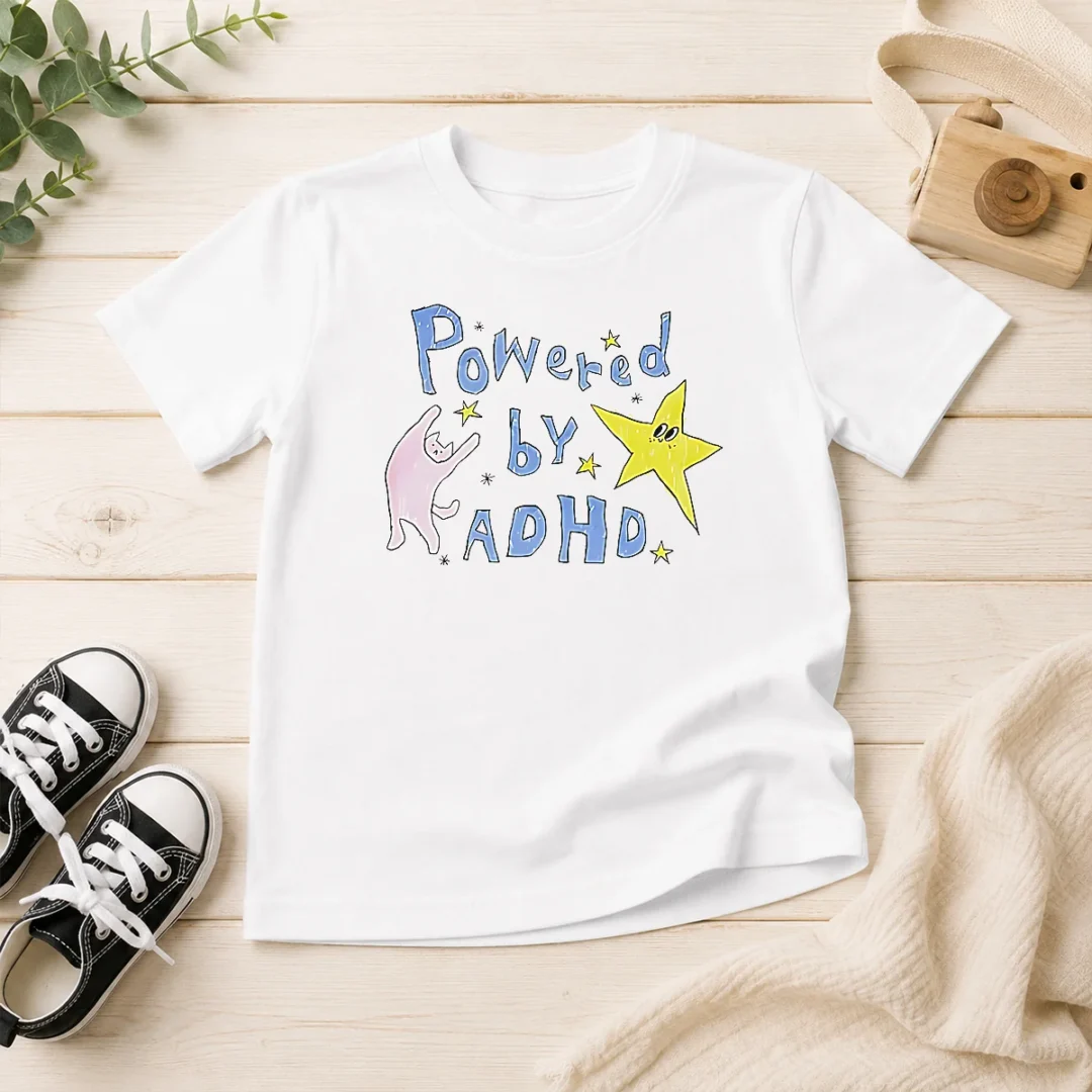 hot-powered-by-adhd-cat-and-star-illustration-doodle-kids-t-shirt Hot Powered By ADHD Cat And Star Illustration Doodle Kids T-Shirt