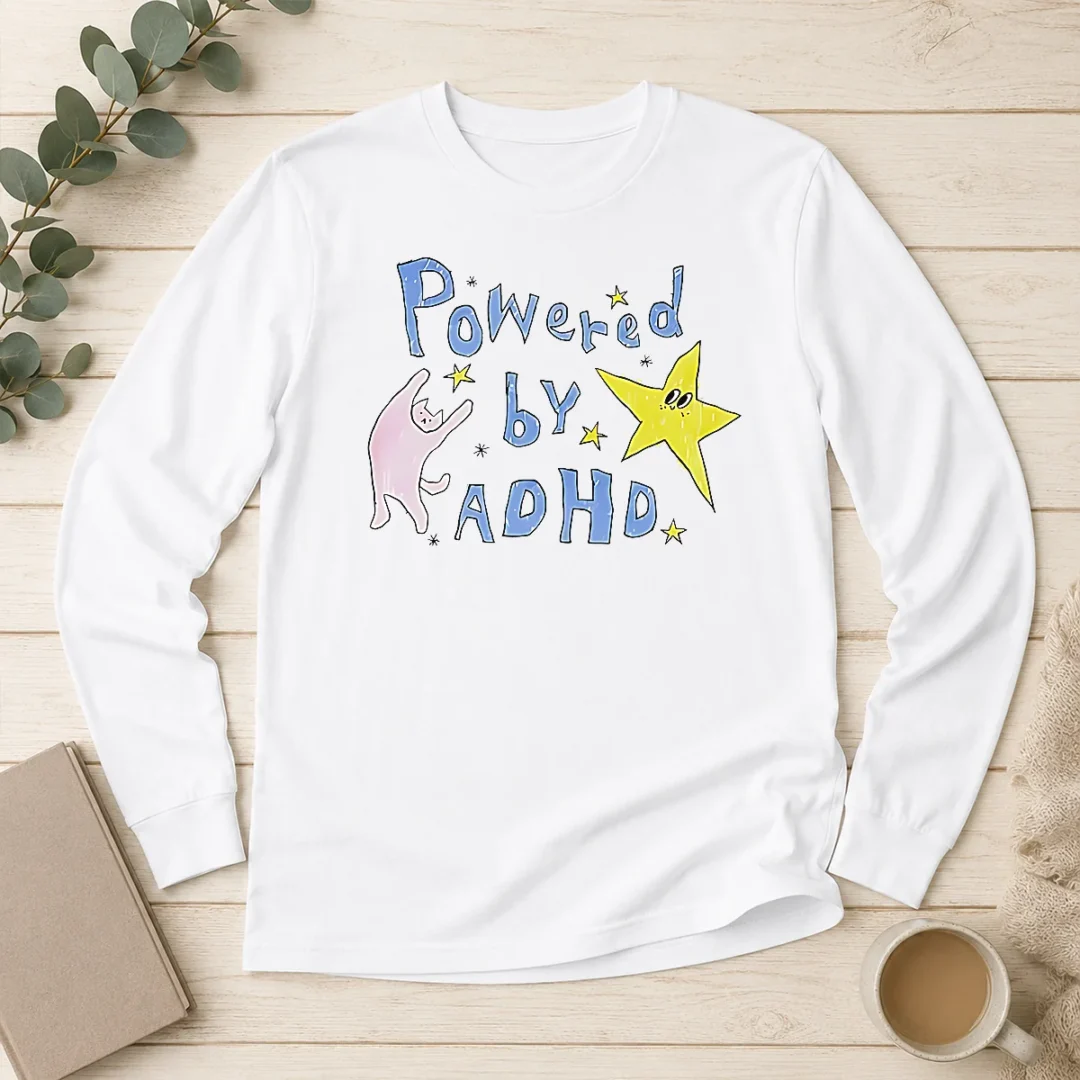 hot-powered-by-adhd-cat-and-star-illustration-doodle-long-sleeve-shirt Hot Powered By ADHD Cat And Star Illustration Doodle Long Sleeve Shirt