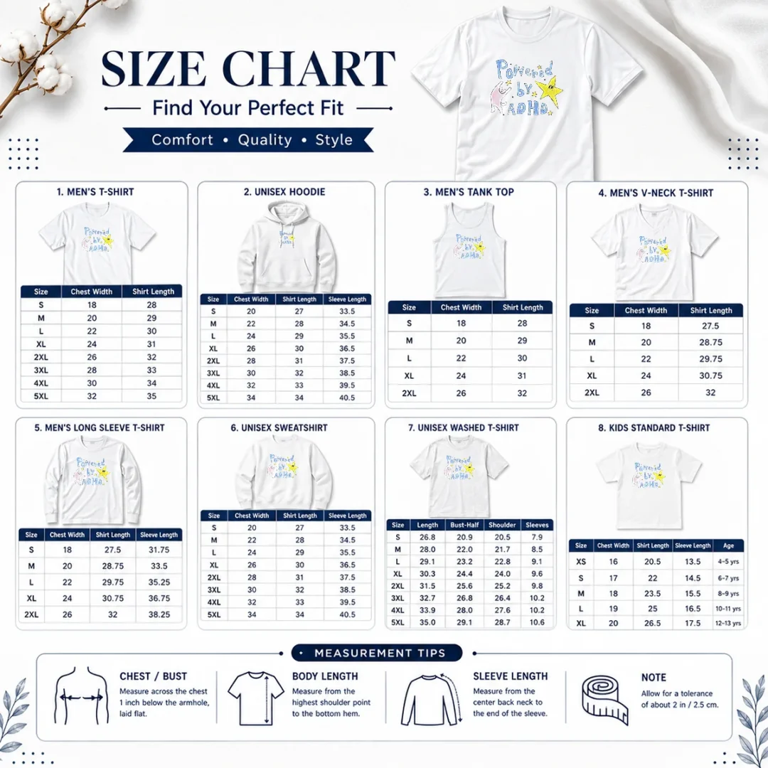 hot-powered-by-adhd-cat-and-star-illustration-doodle-size-chart Size chart for Hot Powered By ADHD Cat And Star Illustration Doodle with measurements in inches and cm to help choose the right fit