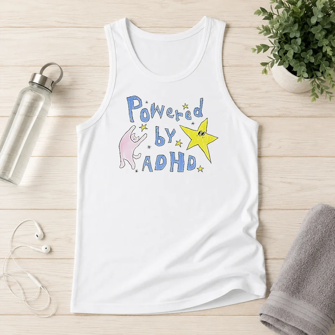 hot-powered-by-adhd-cat-and-star-illustration-doodle-tank-top Hot Powered By ADHD Cat And Star Illustration Doodle Tank Top