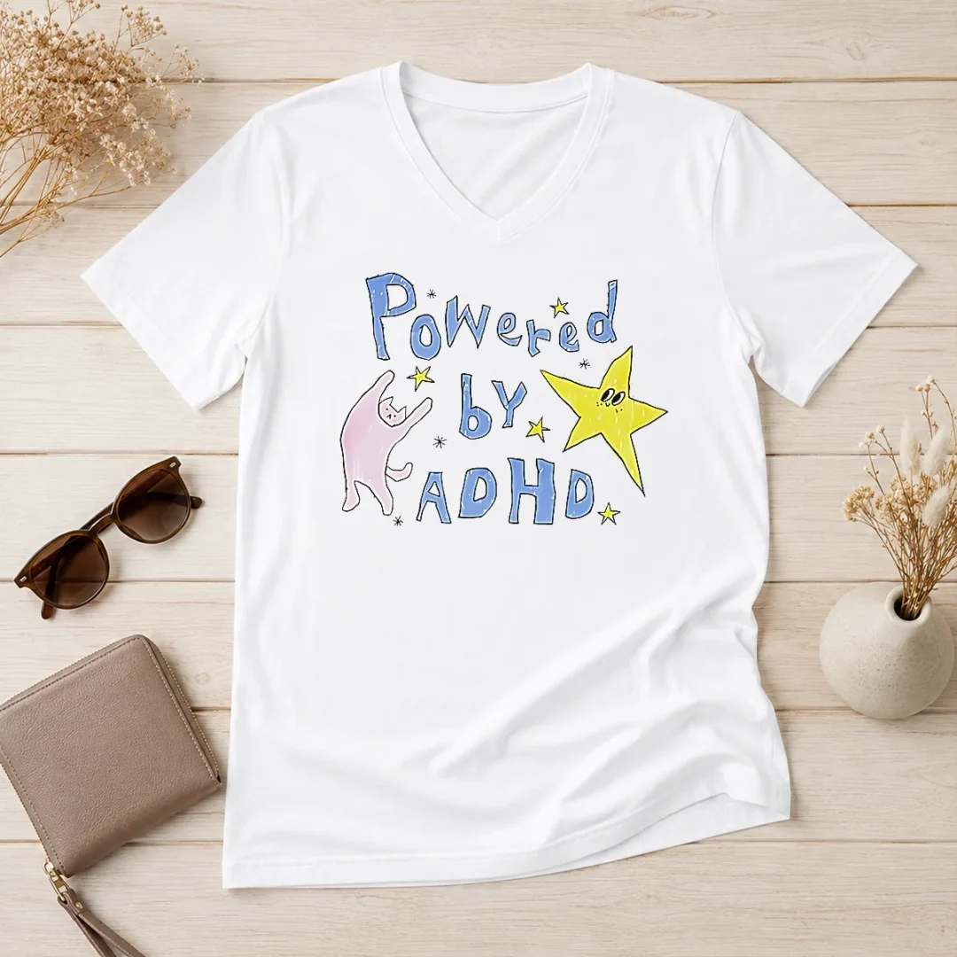 hot-powered-by-adhd-cat-and-star-illustration-doodle-v-neck-shirt Hot Powered By ADHD Cat And Star Illustration Doodle V-Neck Shirt