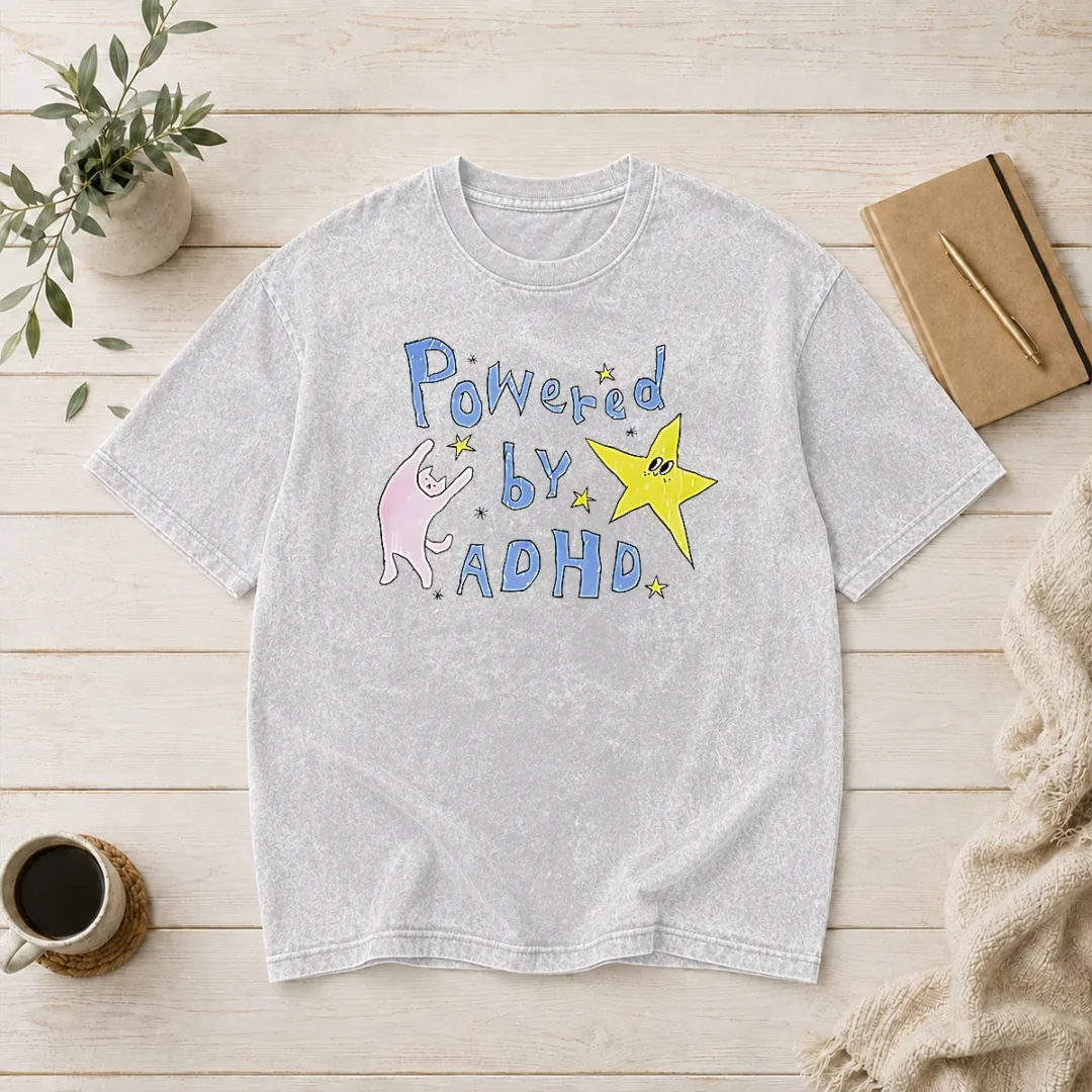 hot-powered-by-adhd-cat-and-star-illustration-doodle-washed-t-shirt Hot Powered By ADHD Cat And Star Illustration Doodle Washed T-Shirt