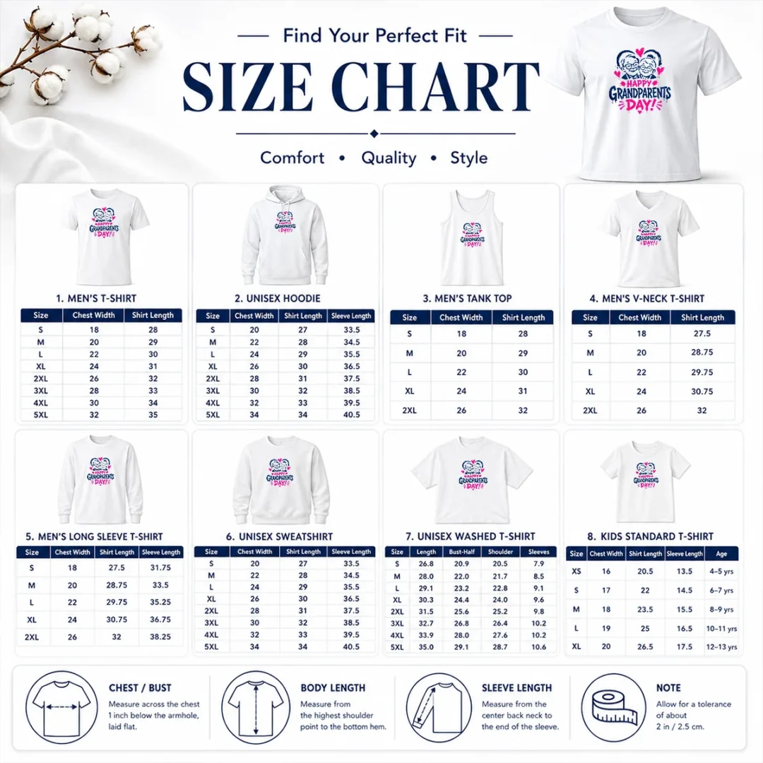 Hot Premium Happy Grandparents Day Grunge Paint Splatter Heart Size Chart Size chart for Hot Premium Happy Grandparents Day Grunge Paint Splatter Heart with measurements in inches and cm to help choose the right fit