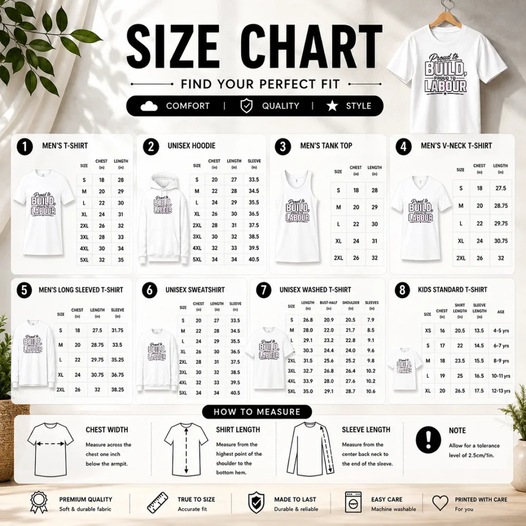 hot-pretty-labour-day-pride-line-art-for-builders-size-chart Size chart for Hot Pretty Labour Day Pride Line Art For Builders with measurements in inches and cm to help choose the right fit