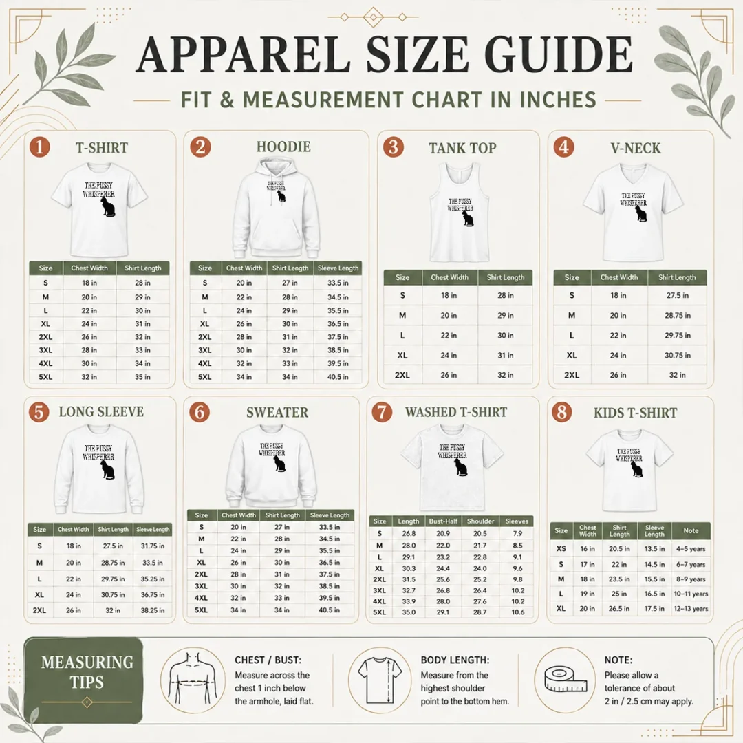 hot-pretty-the-pussy-whisperer-with-black-cat-silhouette-size-chart Size chart for Hot Pretty The Pussy Whisperer With Black Cat Silhouette with measurements in inches and cm to help choose the right fit
