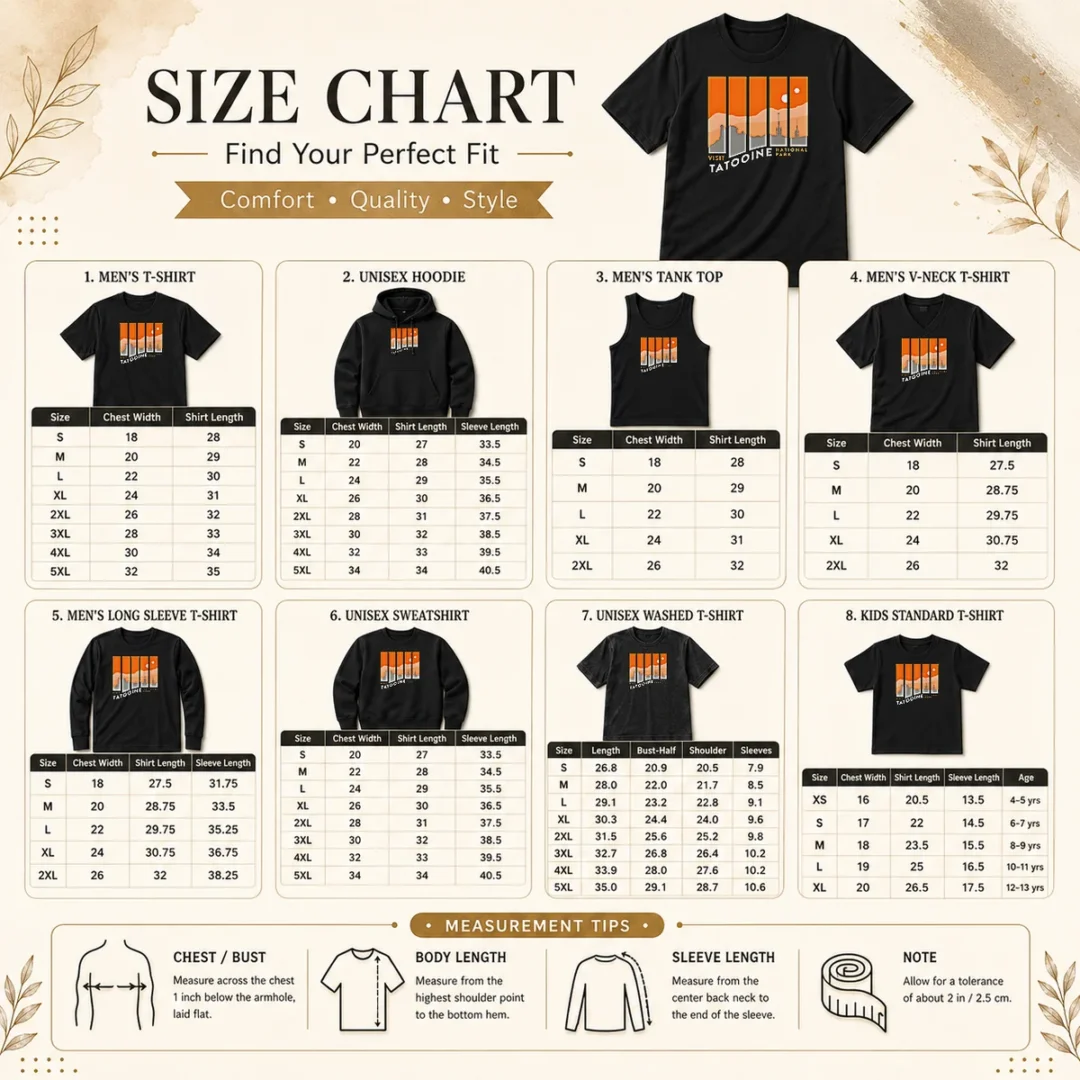 hot-pretty-visit-national-park-star-wars-sci-fi-travel-size-chart Size chart for Hot Pretty Visit National Park Star Wars Sci Fi Travel with measurements in inches and cm to help choose the right fit