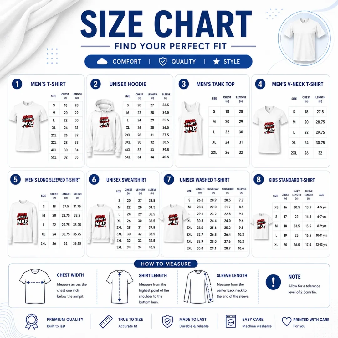 hot-spain-soccer-cat-meme-streetwear-size-chart Size chart for Hot Spain Soccer Cat Meme Streetwear with measurements in inches and cm to help choose the right fit