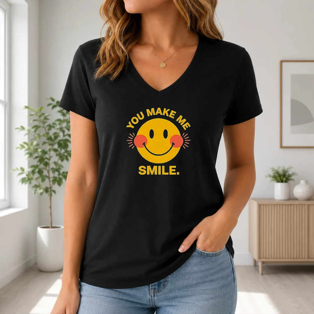 Hot You Make Me Smile Smiley Face Positive Vibes V Neck Shirt Hot You Make Me Smile Smiley Face Positive Vibes V-Neck Shirt