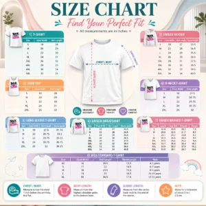 Size chart for Good Brush Script Back To School Yellow Outline with measurements in inches and cm to help choose the right fit
