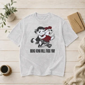 Pretty Premium Hong Kong Will Fuck You Cartoon Middle Finger Washed T-Shirt