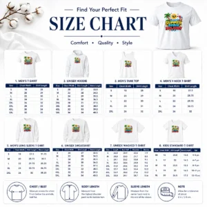 Size chart for Pretty Nice Pixel Art Summer Bank Holiday Beach Retro Game with measurements in inches and cm to help choose the right fit