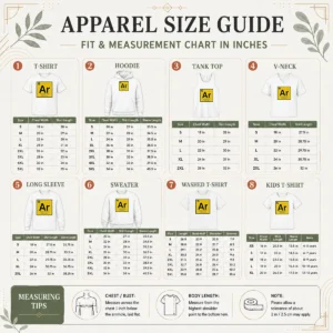 Size chart for Premium Pretty Armalite Rifle 15 Periodic Table Style AR 15 with measurements in inches and cm to help choose the right fit