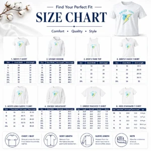 Size chart for Awesome Hot Koya BT21 Power Nap Lightning Bolt Sleeping with measurements in inches and cm to help choose the right fit
