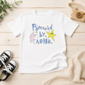 Hot Powered By ADHD Cat And Star Illustration Doodle Kids T-Shirt