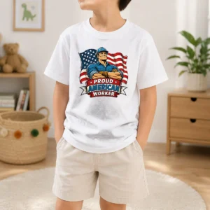 Hot Awesome Labour Day Proud American Worker Comic Kids T-Shirt