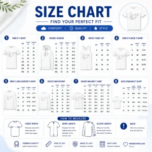 Size chart for Awesome Here Comes A Special Boy Guitarist Doodle with measurements in inches and cm to help choose the right fit