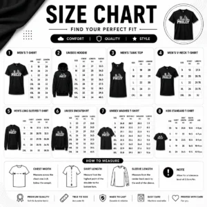 Size chart for Good Top Philly Skyline Apparel Philadelphia City Silhouette with measurements in inches and cm to help choose the right fit