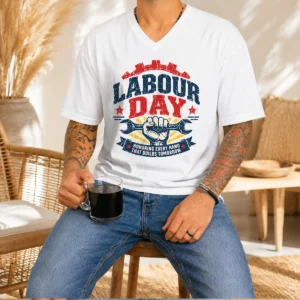 Nice Vintage Distressed Labour Day Honoring Builders Fist V-Neck Shirt