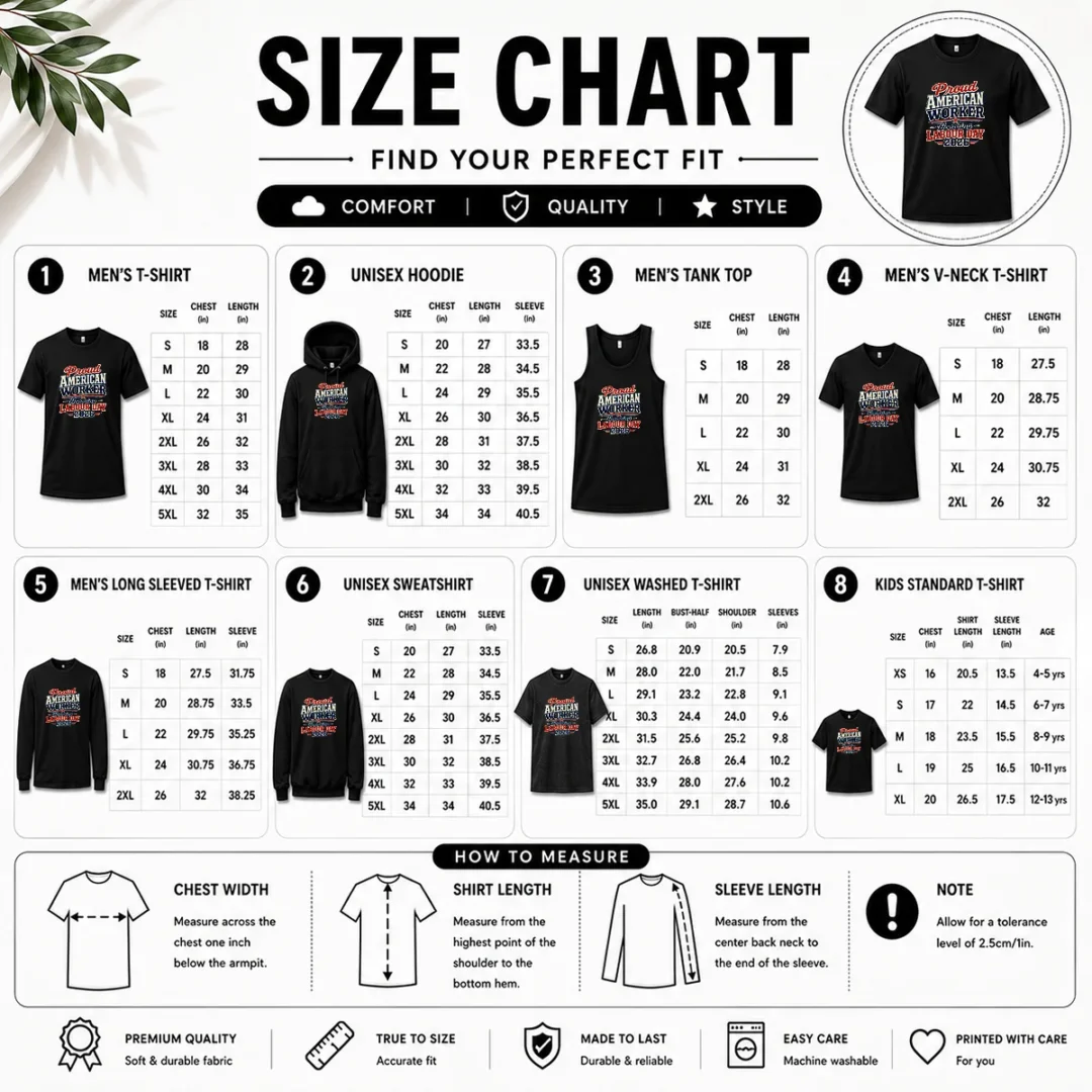 nice-awesome-labour-day-2026-proud-american-worker-vintage-size-chart Size chart for Nice Awesome Labour Day 2026 Proud American Worker Vintage with measurements in inches and cm to help choose the right fit