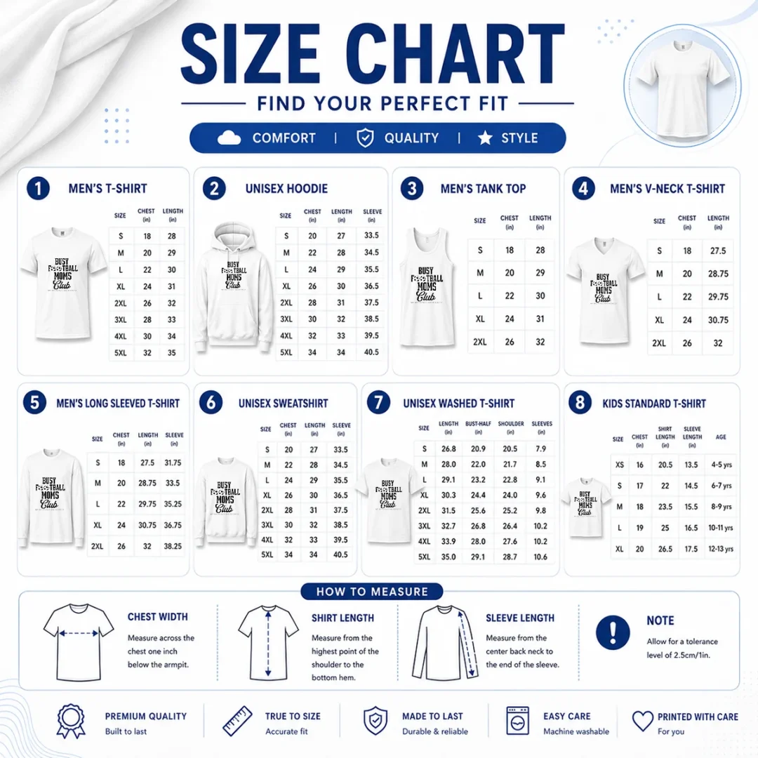 nice-busy-football-moms-club-my-weekends-are-booked-size-chart Size chart for Nice Busy Football Moms Club My Weekends Are Booked with measurements in inches and cm to help choose the right fit