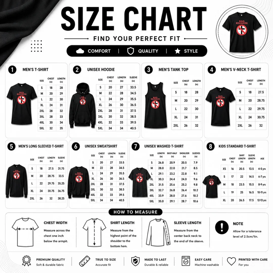 nice-funny-bad-religion-cross-logo-music-size-chart Size chart for Nice Funny Bad Religion Cross Logo Music with measurements in inches and cm to help choose the right fit