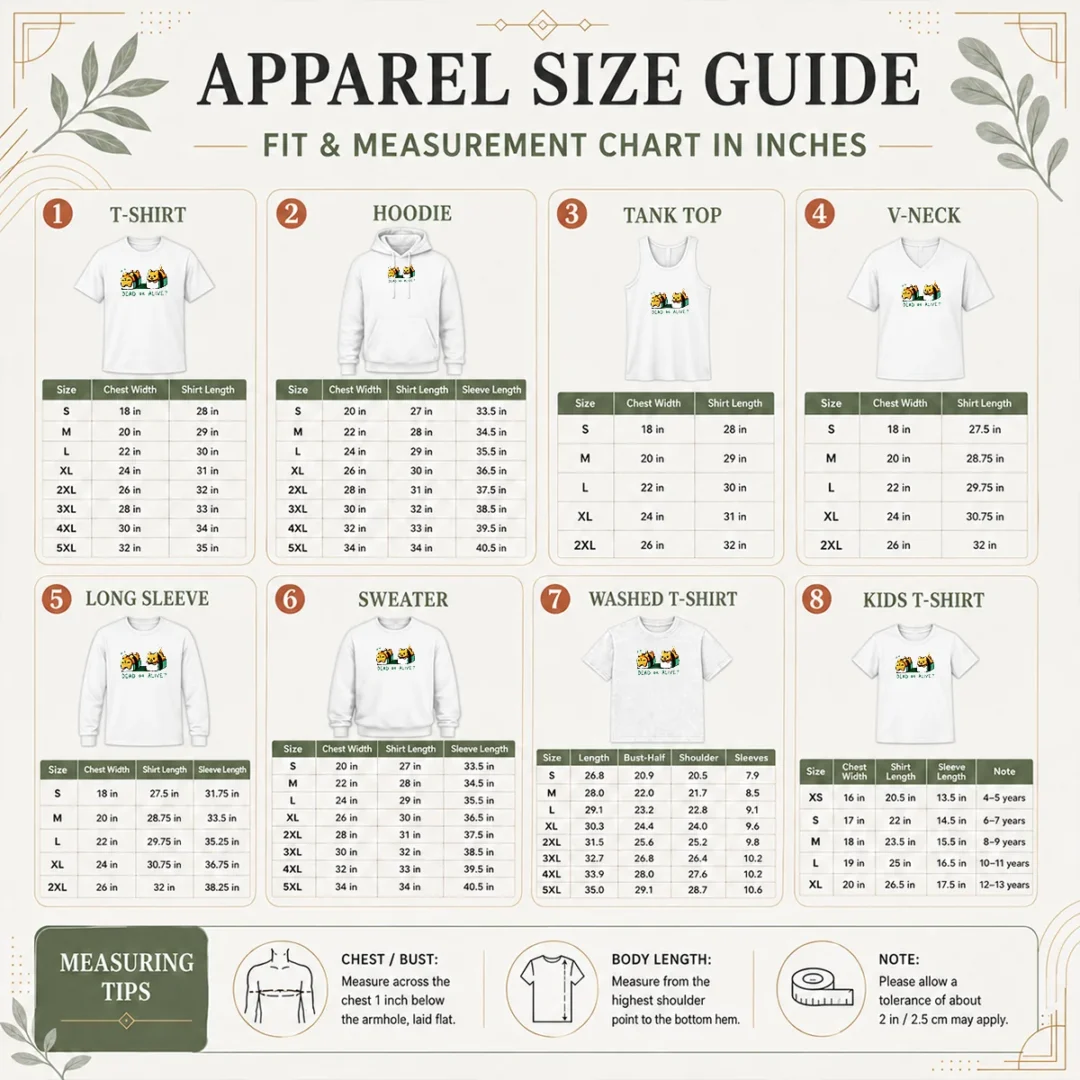 nice-good-cat-sushi-dead-or-alive-size-chart Size chart for Nice Good Cat Sushi Dead Or Alive with measurements in inches and cm to help choose the right fit