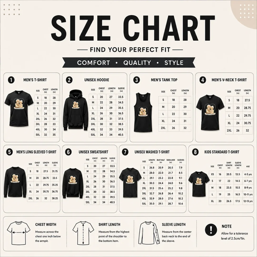 nice-good-grandparents-day-thank-you-gift-minimalist-size-chart Size chart for Nice Good Grandparents Day Thank You Gift Minimalist with measurements in inches and cm to help choose the right fit