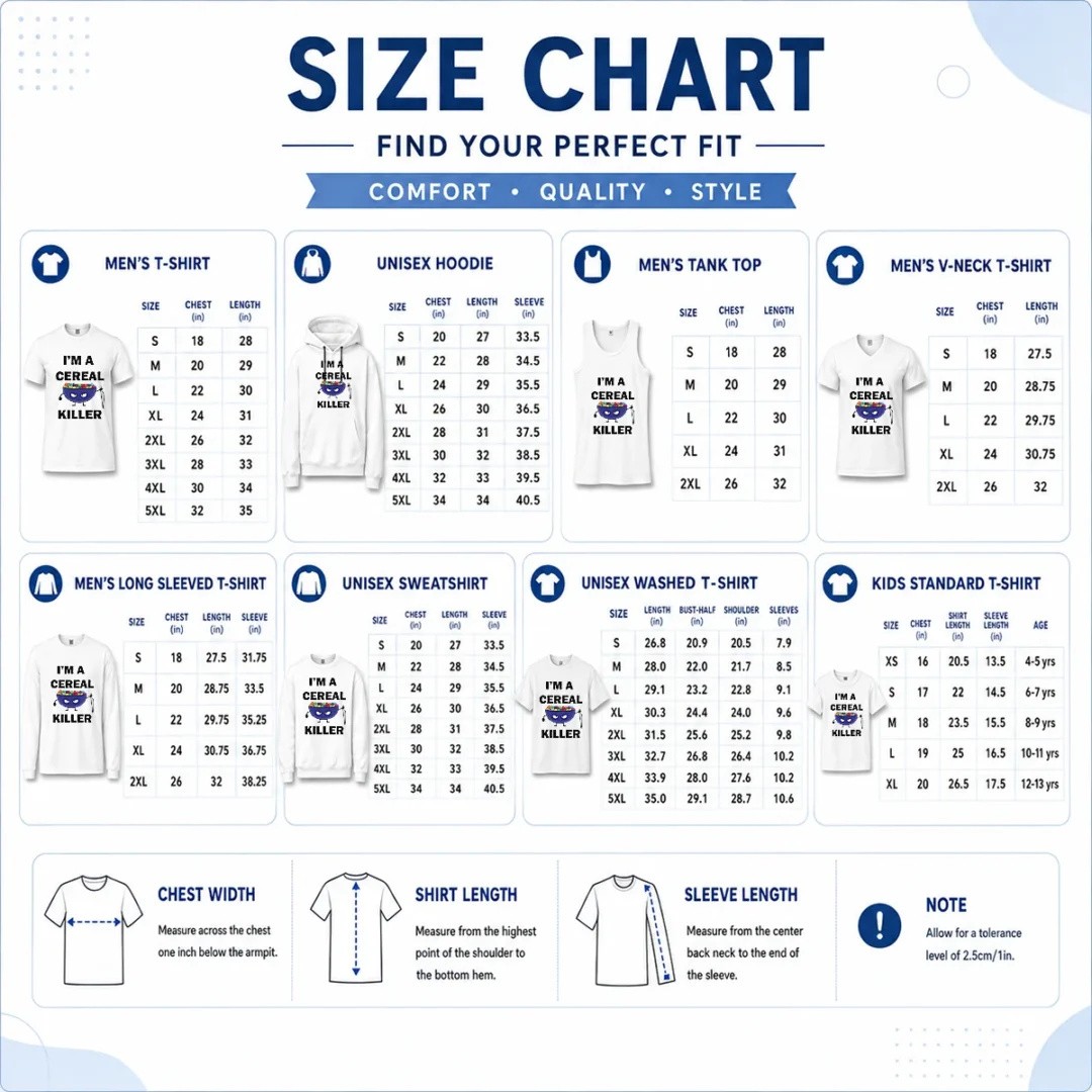 nice-good-i-m-a-cereal-killer-size-chart Size chart for Nice Good I'M A Cereal Killer with measurements in inches and cm to help choose the right fit