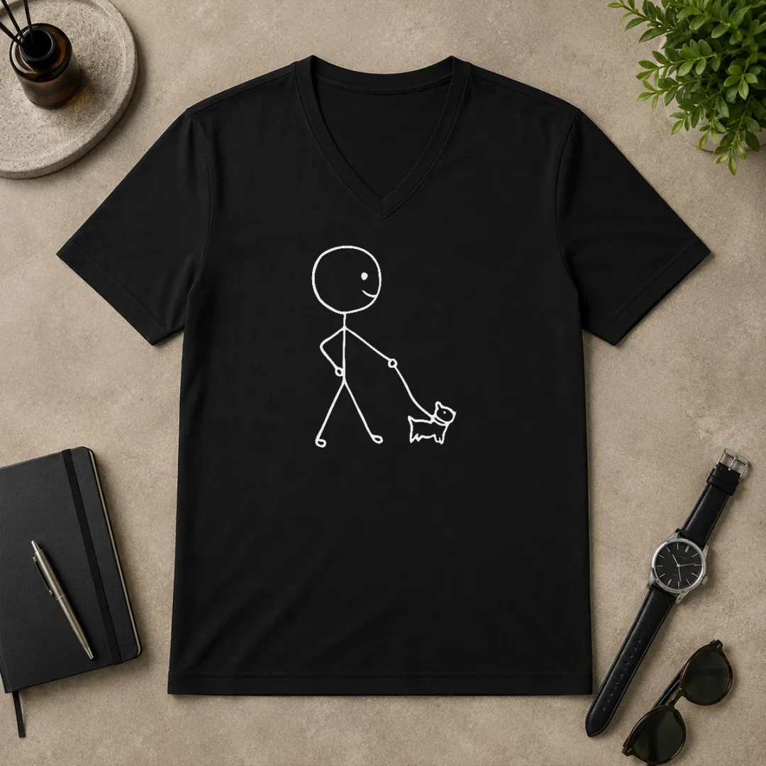 Nice Good Stick Figure Walking A Dog Minimalist Line Art V Neck Shirt Nice Good Stick Figure Walking A Dog Minimalist Line Art V-Neck Shirt