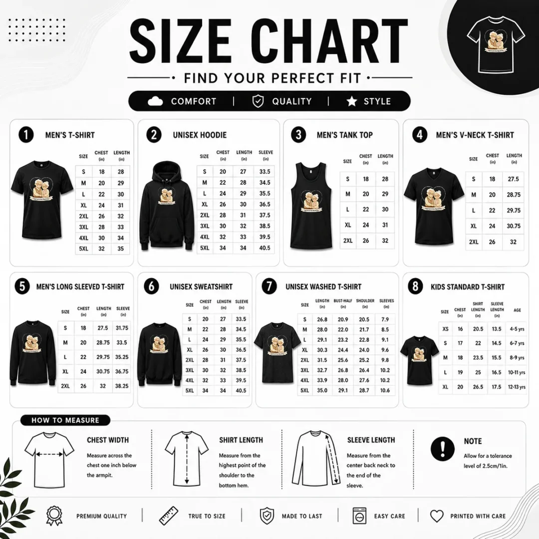 nice-hot-grandparents-day-thank-you-gift-minimalist-size-chart Size chart for Nice Hot Grandparents Day Thank You Gift Minimalist with measurements in inches and cm to help choose the right fit