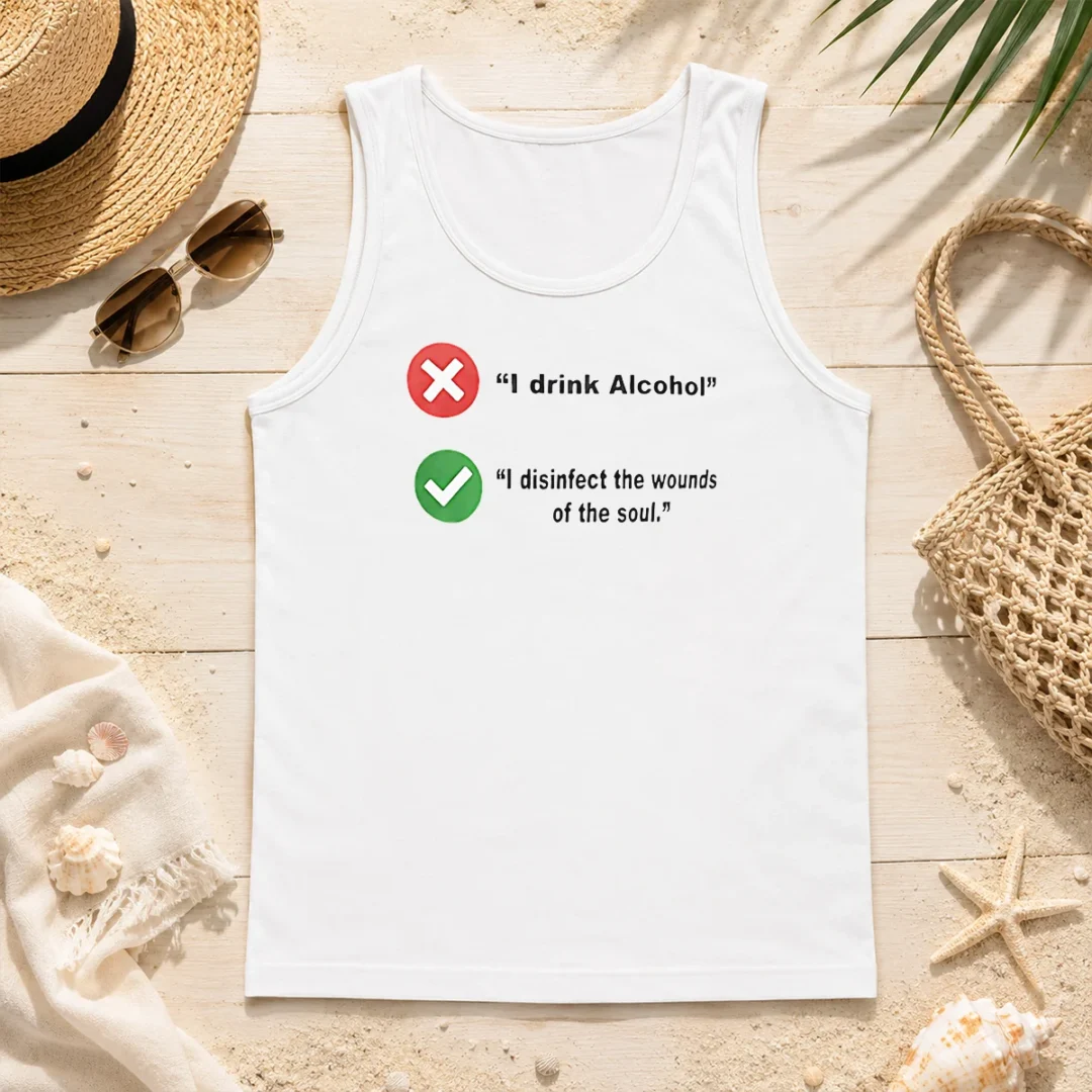 Nice Hot I Drink Alcohol I Disinfect The Wounds Of The Soul Tank Top Nice Hot I Drink Alcohol I Disinfect The Wounds Of The Soul tank top in black with bold white text graphic