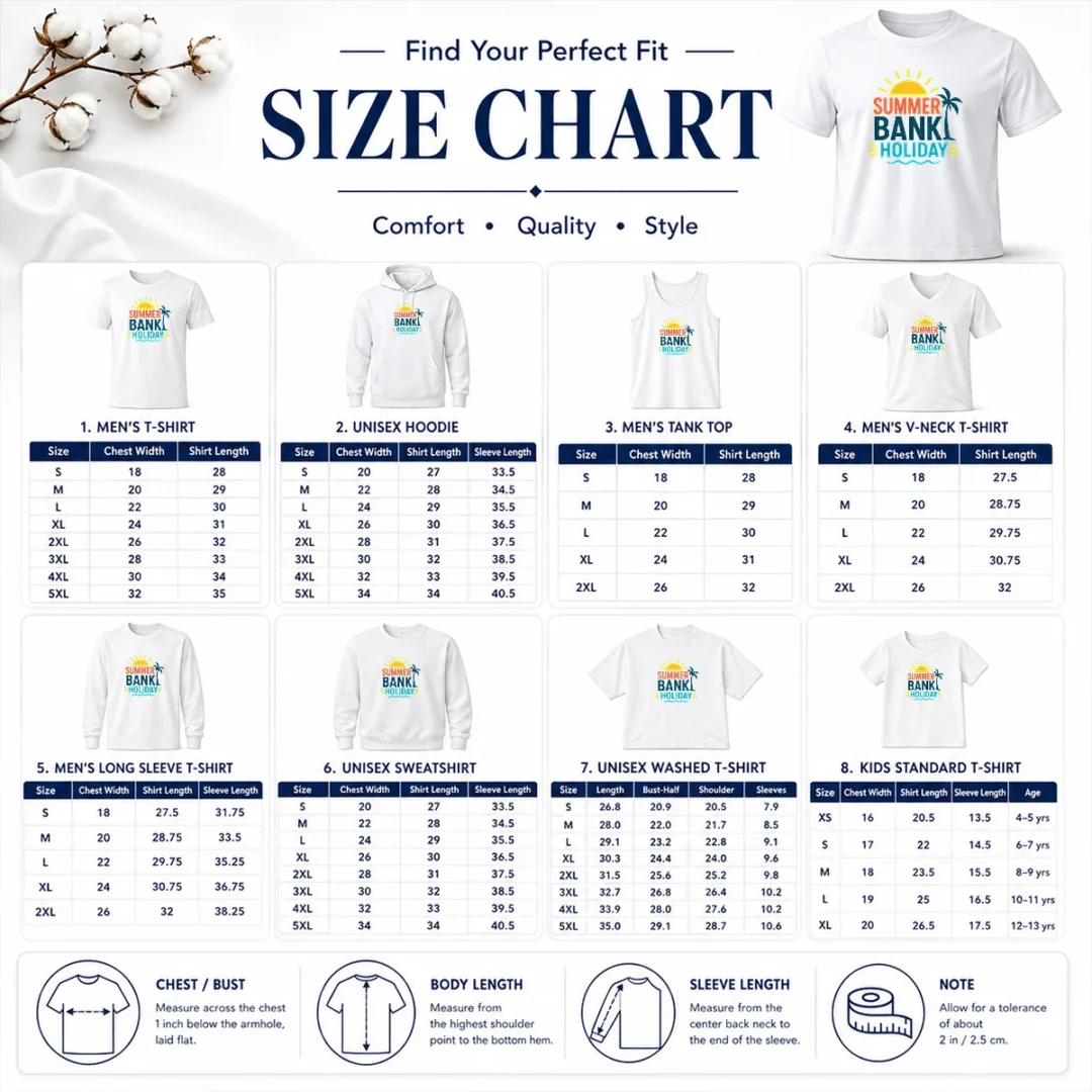 Nice Hot Minimalist Flat Summer Bank Holiday Sun Palm Wave Size Chart Size chart for Nice Hot Minimalist Flat Summer Bank Holiday Sun Palm Wave with measurements in inches and cm to help choose the right fit