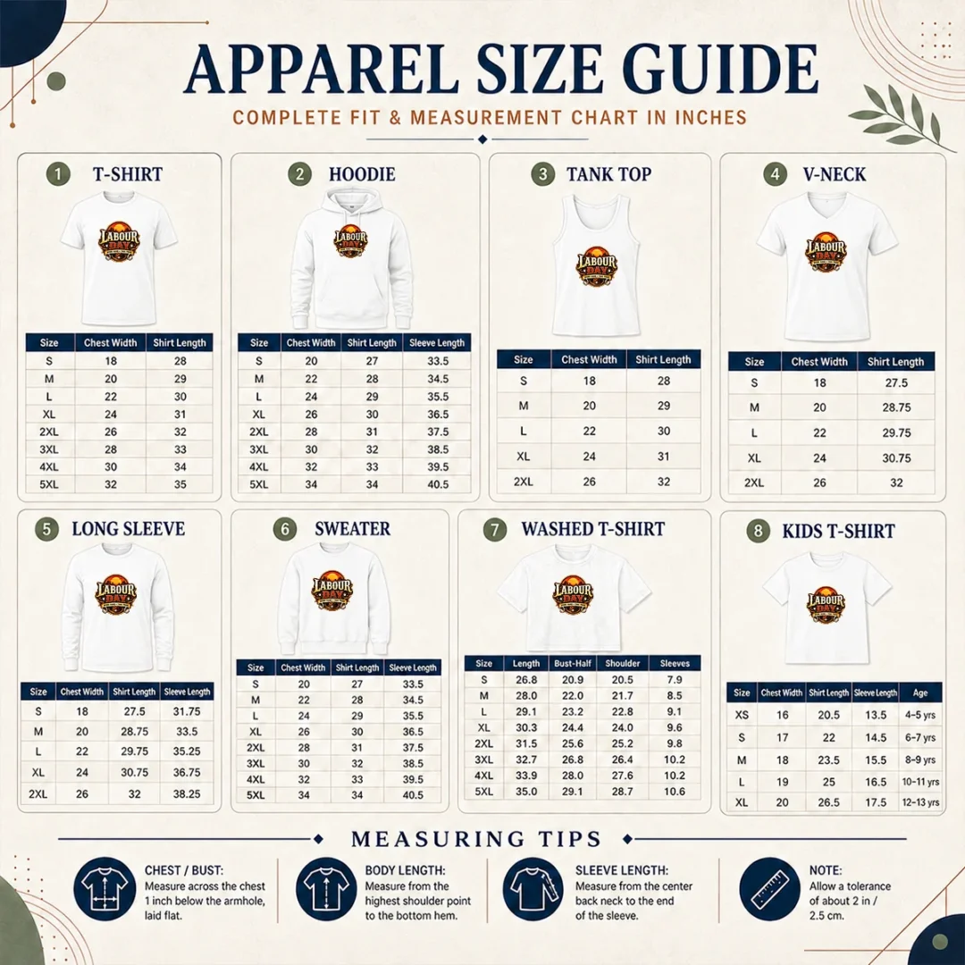 Nice Hot Western Labour Day Work Hard Take Pride Cowboy Size Chart Size chart for Nice Hot Western Labour Day Work Hard Take Pride Cowboy with measurements in inches and cm to help choose the right fit