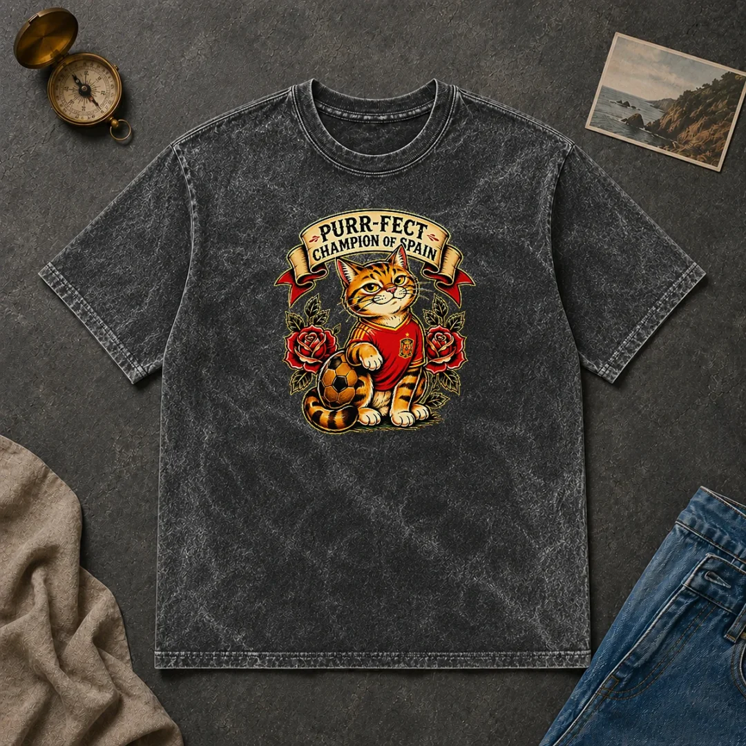 Nice Spanish Soccer Cat Champion Tattoo Washed T Shirt Nice Spanish Soccer Cat Champion Tattoo Washed T-Shirt