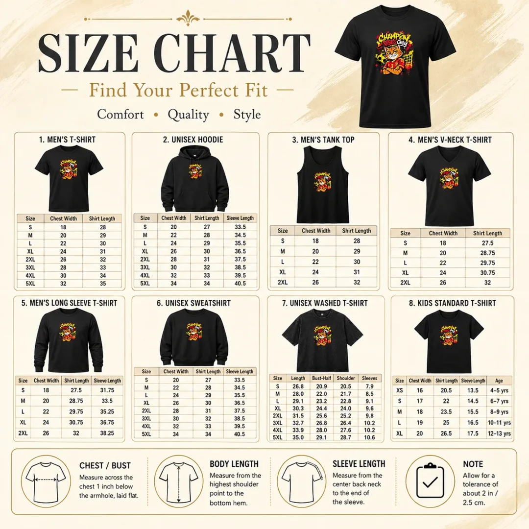 Nice Spanish Soccer Cat Champion Vibes Graffiti Size Chart Size chart for Nice Spanish Soccer Cat Champion Vibes Graffiti with measurements in inches and cm to help choose the right fit