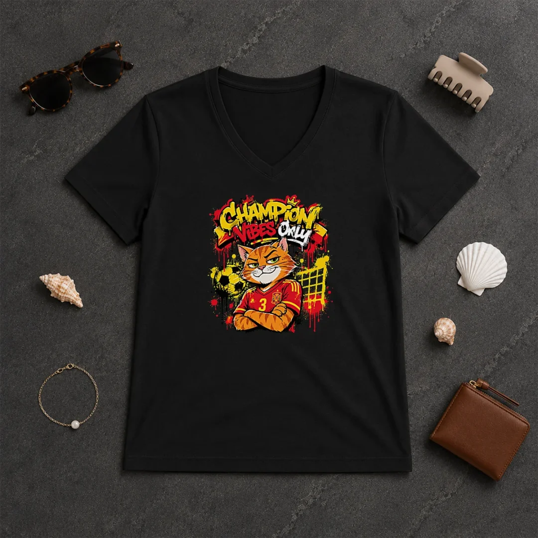 Nice Spanish Soccer Cat Champion Vibes Graffiti V Neck Shirt Nice Spanish Soccer Cat Champion Vibes Graffiti V-Neck Shirt