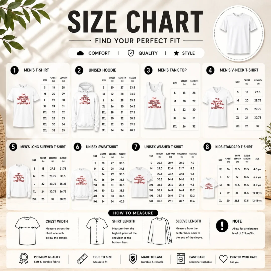 nice-the-greatest-rock-n-roll-band-in-the-world-size-chart Size chart for Nice The Greatest Rock 'N' Roll Band In The World with measurements in inches and cm to help choose the right fit