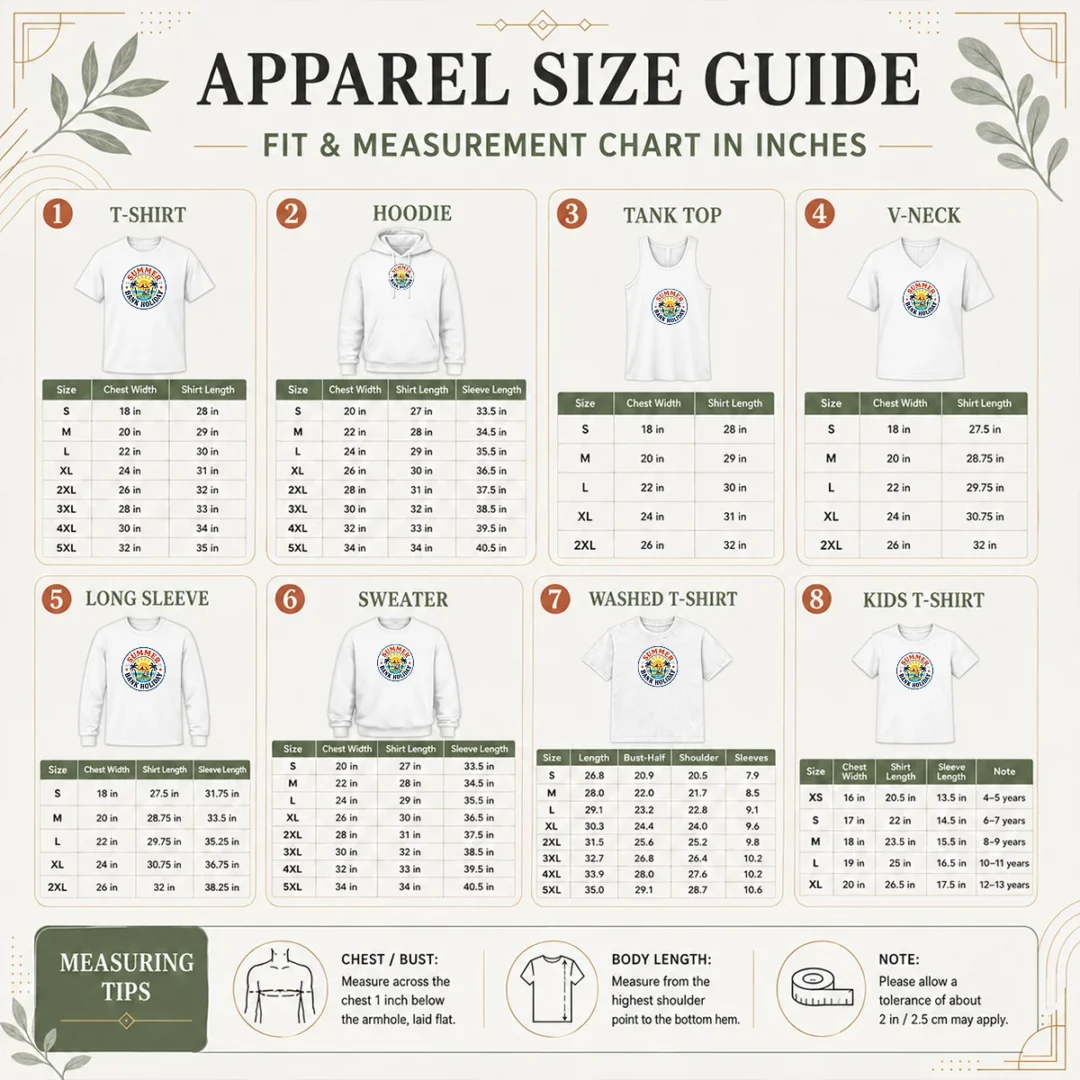 nice-top-vintage-badge-summer-bank-holiday-relax-enjoy-unwind-size-chart Size chart for Nice Top Vintage Badge Summer Bank Holiday Relax Enjoy Unwind with measurements in inches and cm to help choose the right fit