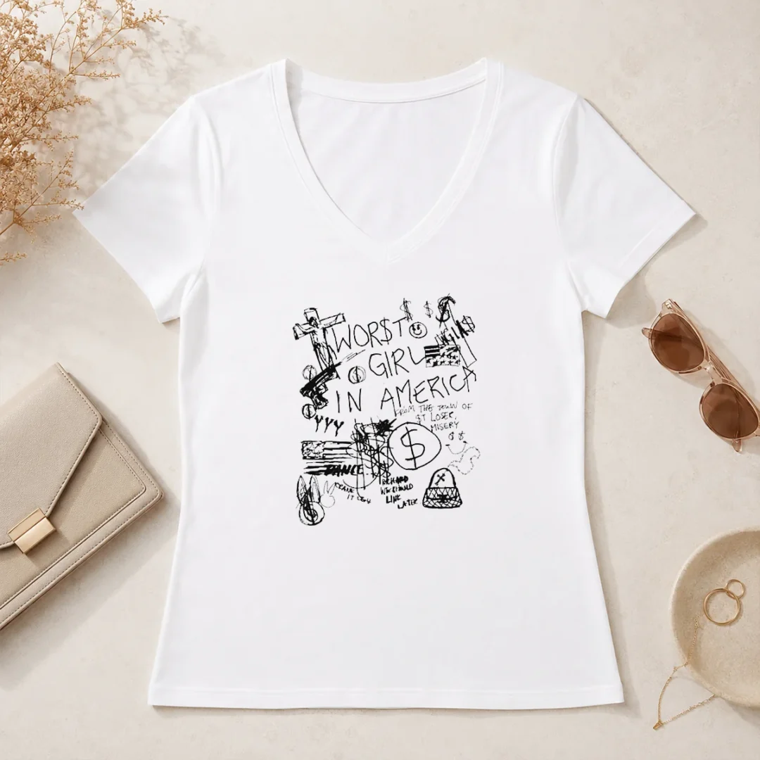 Nice Worst Girl In America From The Town Of St Loser Misery Richard We Should Link Later V Neck Shirt Nice Worst Girl In America From The Town Of St Loser Misery Richard We Should Link Later V Neck Shirt in classic black, soft fabric, short sleeves