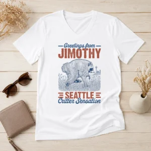 Hot Nice Greetings From Jimothy Seattle Critter Raccoon Comfort Colors V-Neck Shirt